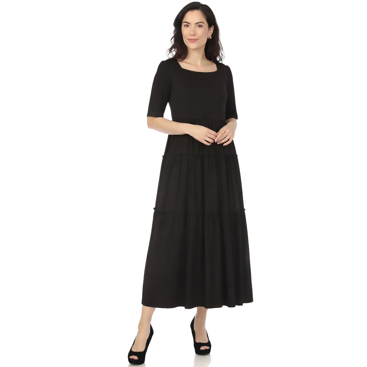 Dressbarn Premium | Women's Square Neck Short Sleeve Tiered Dress - Black