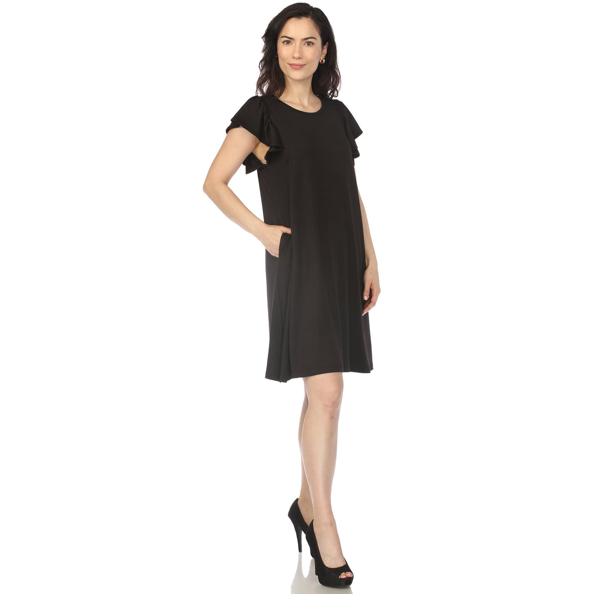 Dressbarn Popular | Women's Crew Neck Ruffle Sleeve Dress - Black