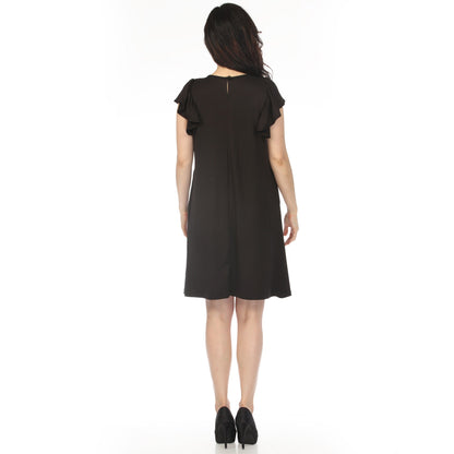 Dressbarn Popular | Women's Crew Neck Ruffle Sleeve Dress - Black