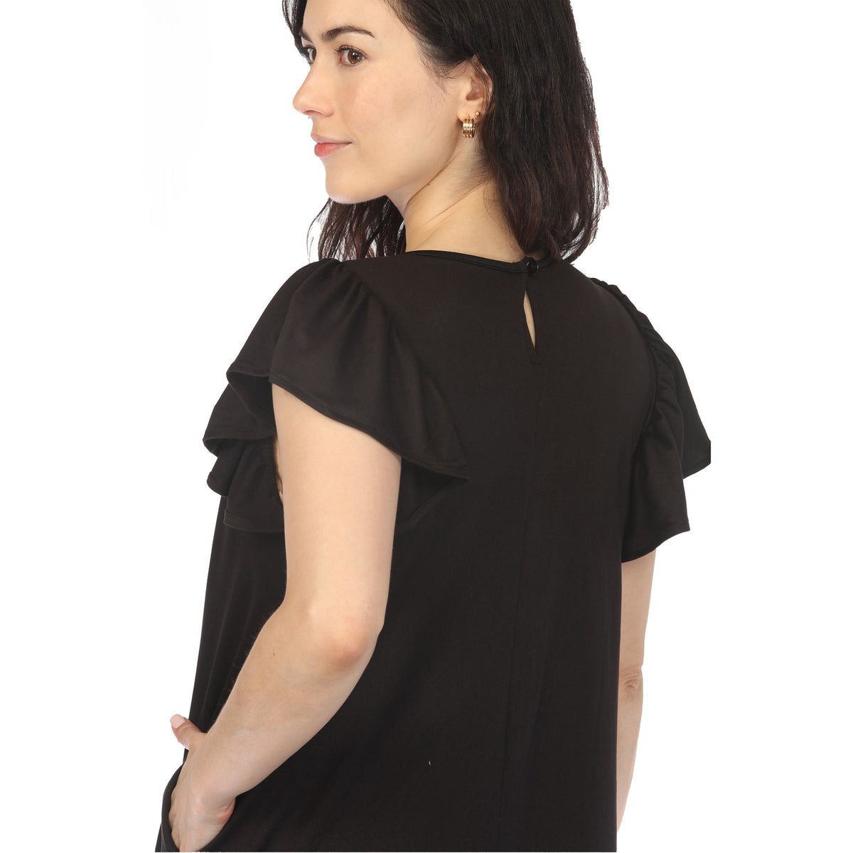 Dressbarn Popular | Women's Crew Neck Ruffle Sleeve Dress - Black