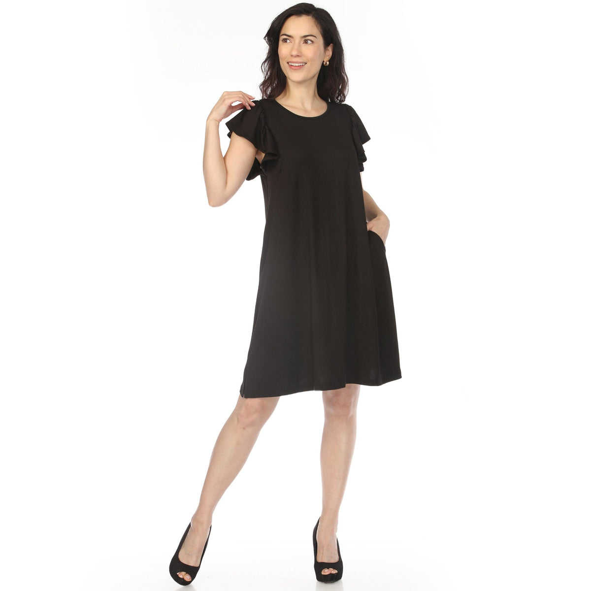 Dressbarn Popular | Women's Crew Neck Ruffle Sleeve Dress - Black