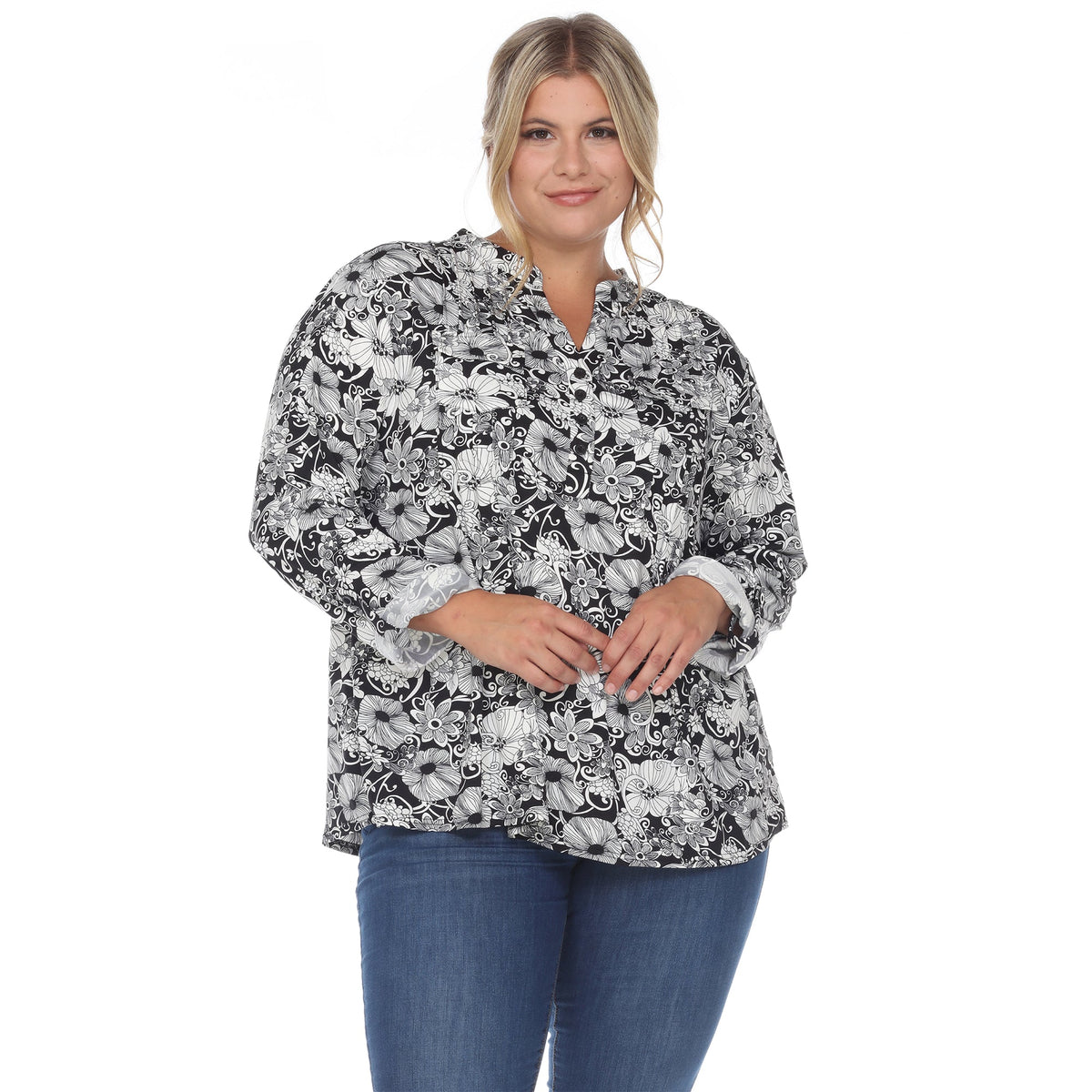 Dressbarn Best Seller | Pleated Long Sleeve Floral Print Blouse - Plus