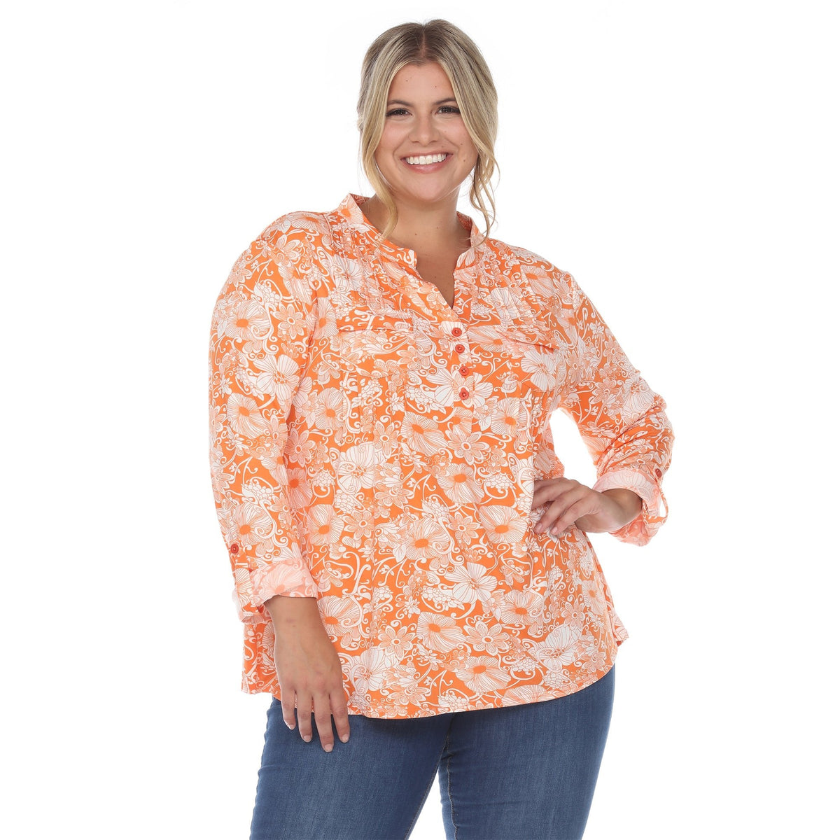 Dressbarn Best Seller | Pleated Long Sleeve Floral Print Blouse - Plus
