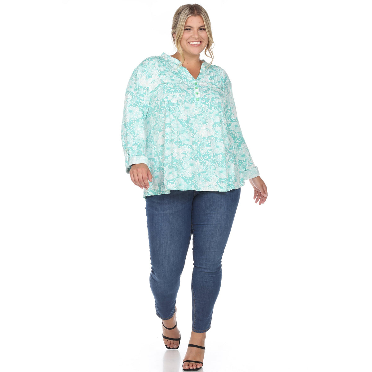 Dressbarn Best Seller | Pleated Long Sleeve Floral Print Blouse - Plus