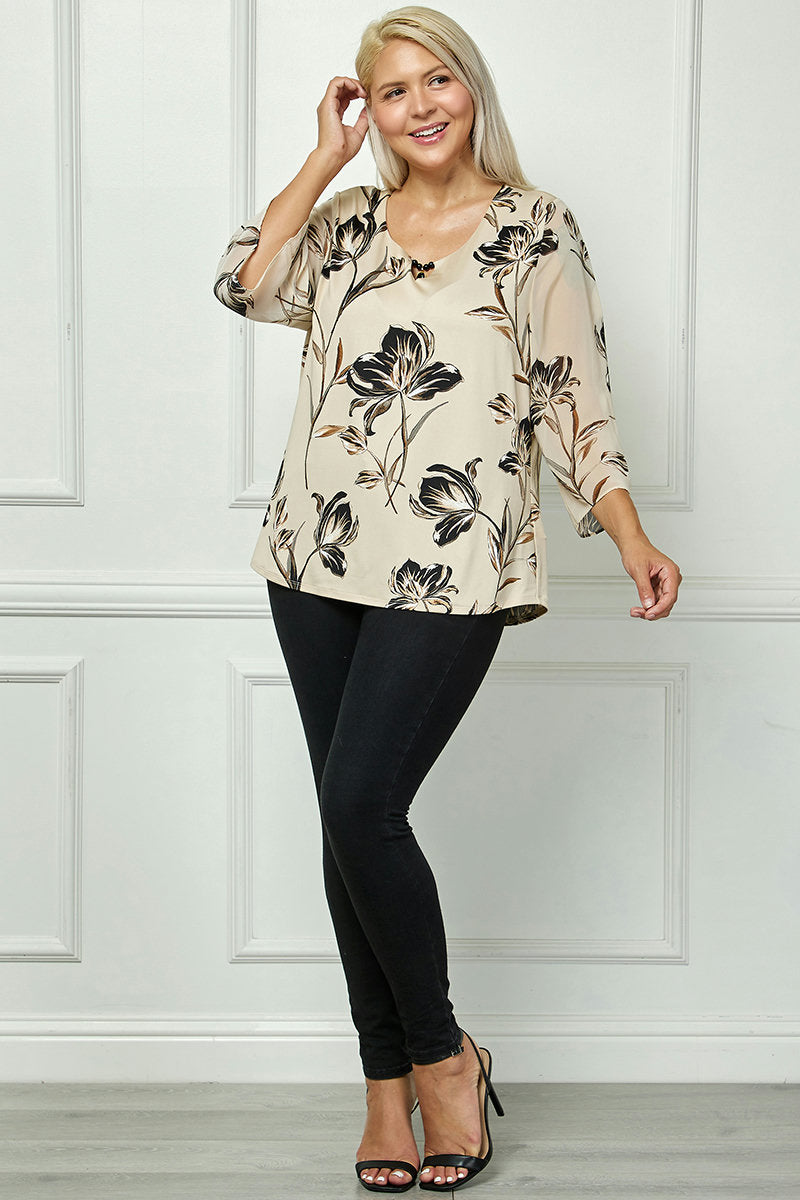 Dressbarn New | 3/4 Flare Sleeve Cutout Trim Front Neck Swing Blouse in Beige - Plus