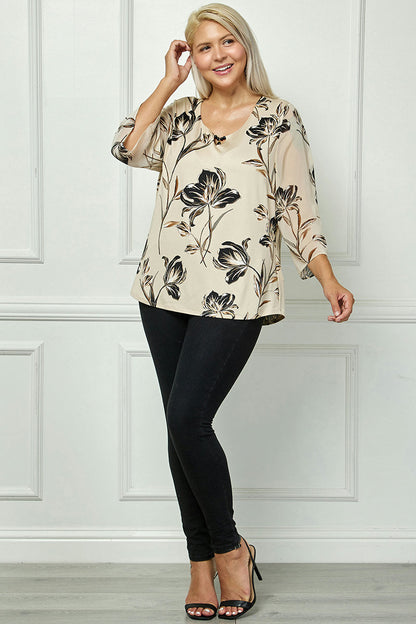 Dressbarn New | 3/4 Flare Sleeve Cutout Trim Front Neck Swing Blouse in Beige - Plus
