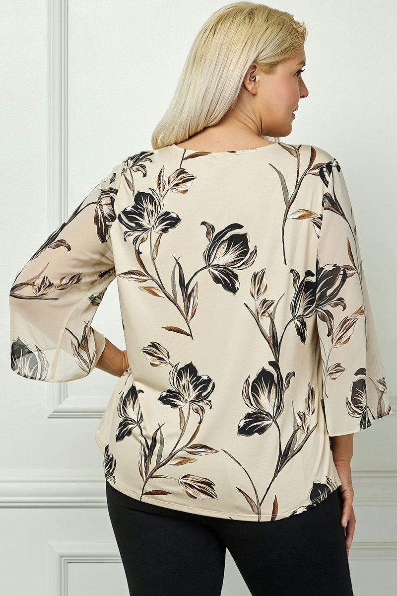 Dressbarn New | 3/4 Flare Sleeve Cutout Trim Front Neck Swing Blouse in Beige - Plus