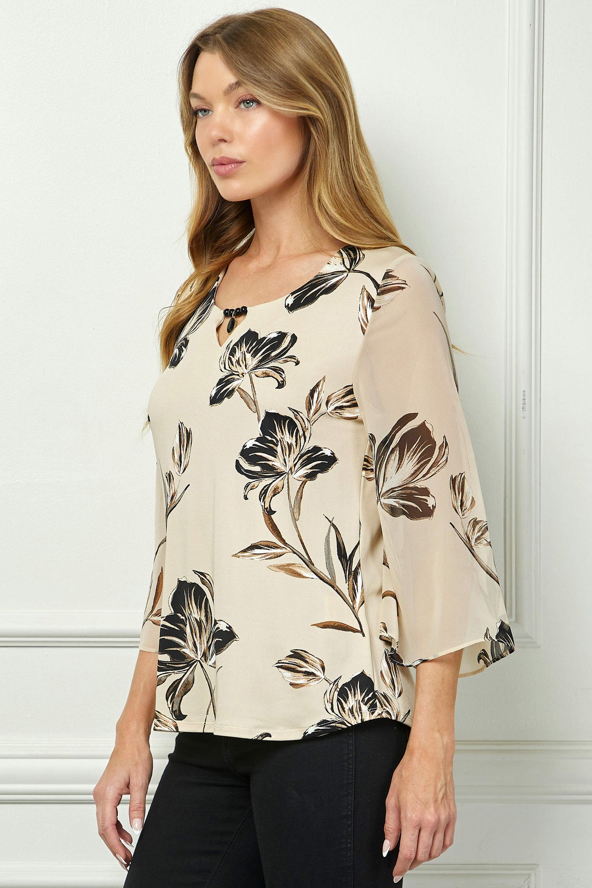 Dressbarn Featured | 3/4 Flare Sleeve Cutout Trim Front Neck Swing Blouse in Beige