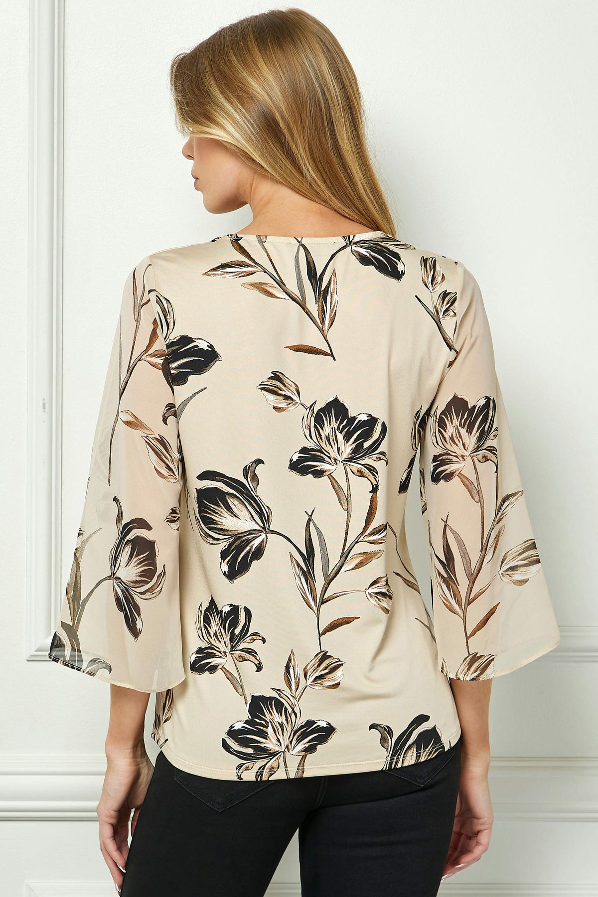 Dressbarn Featured | 3/4 Flare Sleeve Cutout Trim Front Neck Swing Blouse in Beige