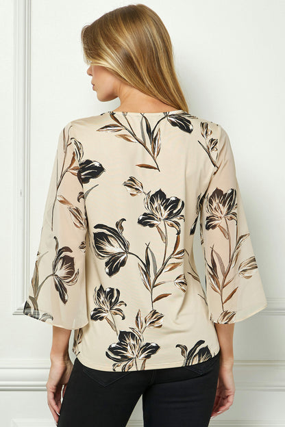 Dressbarn Featured | 3/4 Flare Sleeve Cutout Trim Front Neck Swing Blouse in Beige