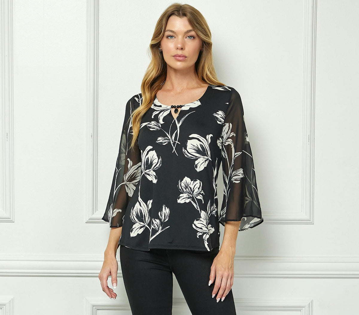 Dressbarn Popular | 3/4 Flare Sleeve Cutout Trim Front Neck Swing Blouse in Black