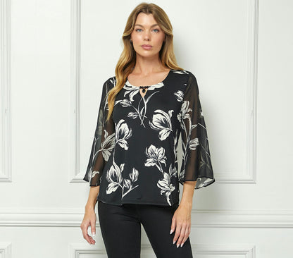 Dressbarn Popular | 3/4 Flare Sleeve Cutout Trim Front Neck Swing Blouse in Black