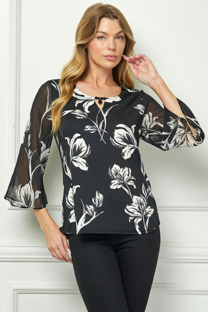 Dressbarn Popular | 3/4 Flare Sleeve Cutout Trim Front Neck Swing Blouse in Black