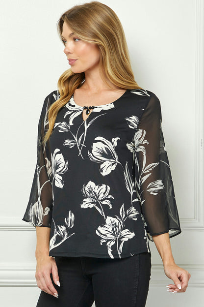 Dressbarn Popular | 3/4 Flare Sleeve Cutout Trim Front Neck Swing Blouse in Black
