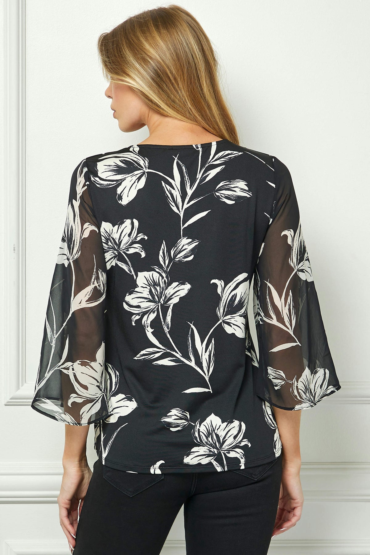 Dressbarn Popular | 3/4 Flare Sleeve Cutout Trim Front Neck Swing Blouse in Black