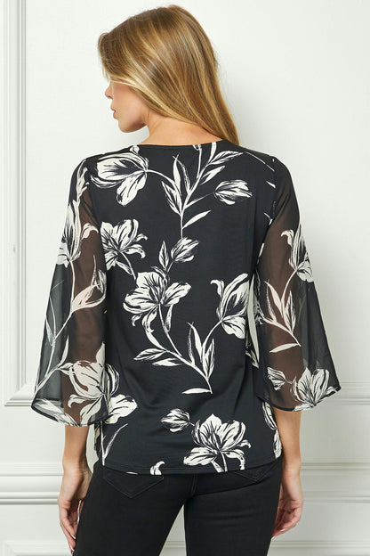 Dressbarn Popular | 3/4 Flare Sleeve Cutout Trim Front Neck Swing Blouse in Black