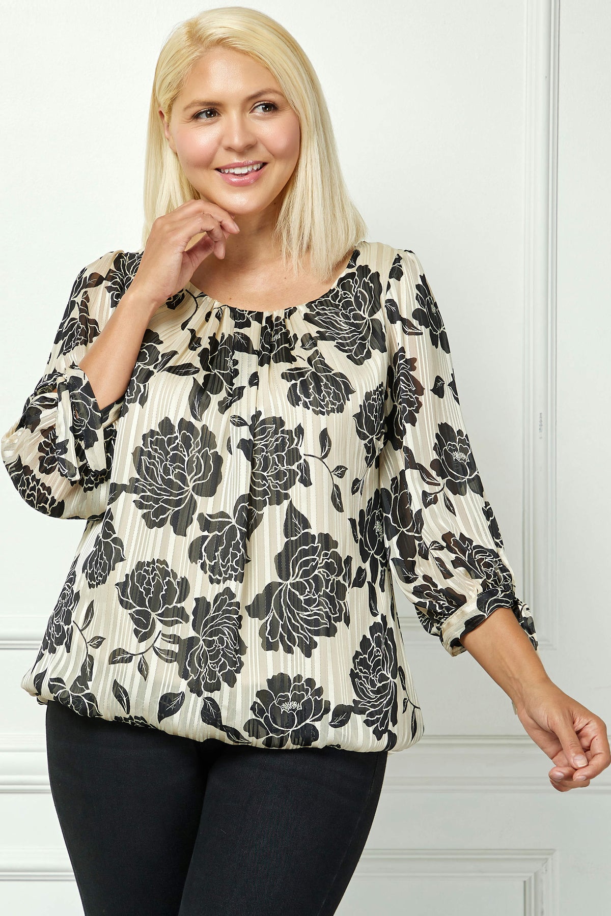 Dressbarn Best Seller | Bubble Hem 3/4 Tie Sleeve Blouse in Beige - Plus