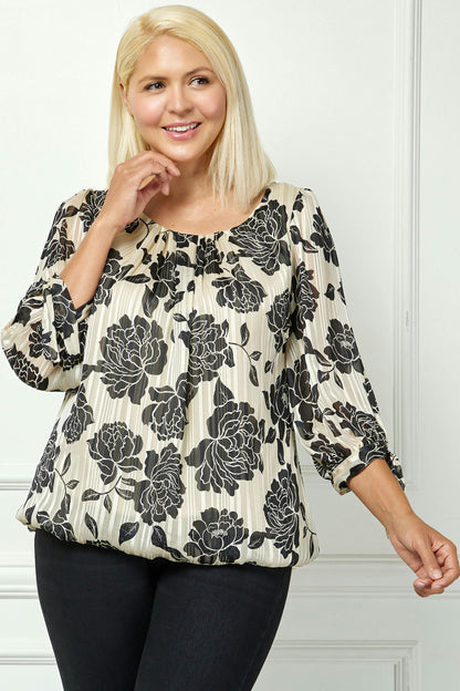 Dressbarn Best Seller | Bubble Hem 3/4 Tie Sleeve Blouse in Beige - Plus