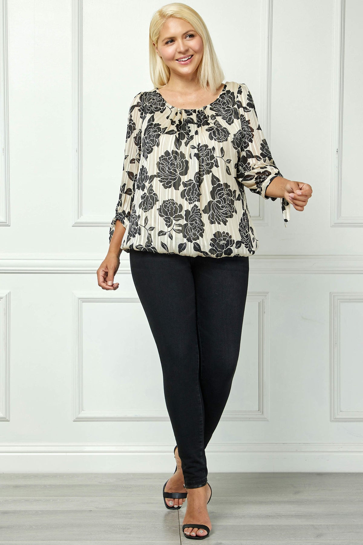 Dressbarn Best Seller | Bubble Hem 3/4 Tie Sleeve Blouse in Beige - Plus