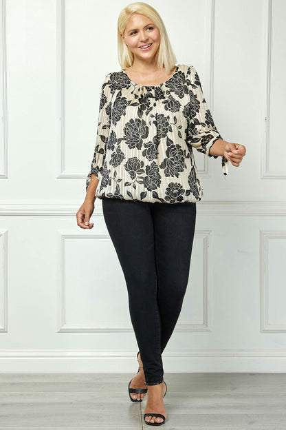 Dressbarn Best Seller | Bubble Hem 3/4 Tie Sleeve Blouse in Beige - Plus