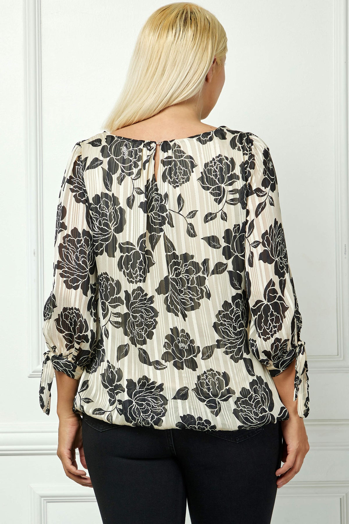 Dressbarn Best Seller | Bubble Hem 3/4 Tie Sleeve Blouse in Beige - Plus