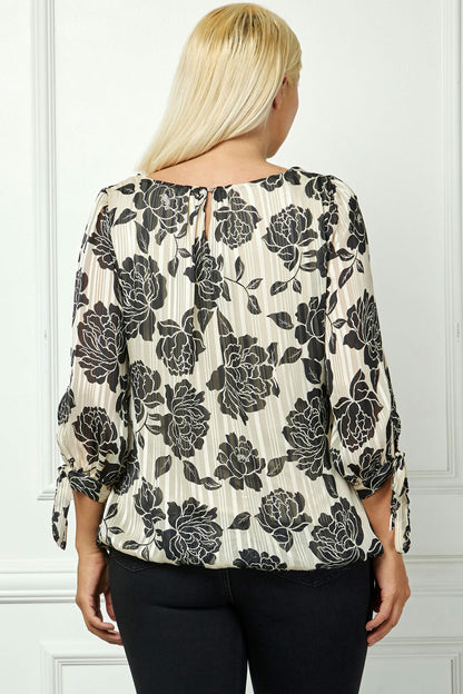 Dressbarn Best Seller | Bubble Hem 3/4 Tie Sleeve Blouse in Beige - Plus