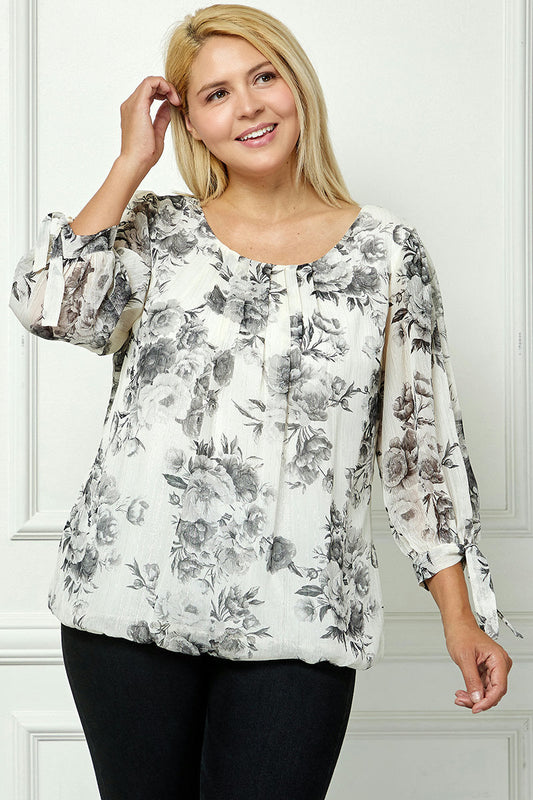 Dressbarn Premium | Bubble Hem 3/4 Tie Sleeve Blouse - Black/White - Plus