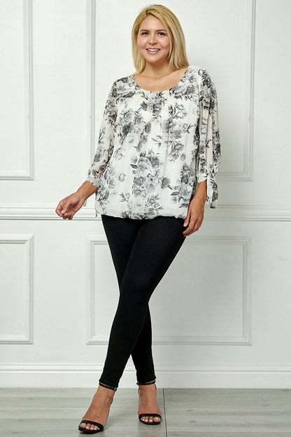 Dressbarn Premium | Bubble Hem 3/4 Tie Sleeve Blouse - Black/White - Plus