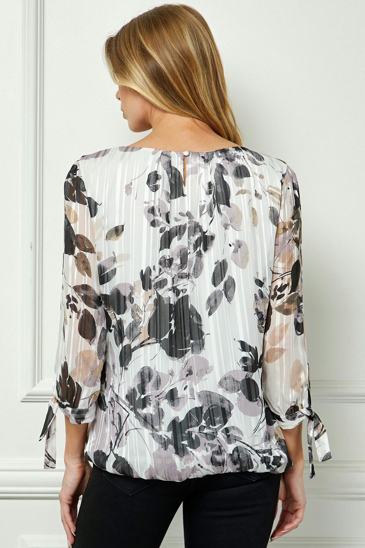 Dressbarn New | Bubble Hem 3/4 Tie Sleeve Blouse - Ivory