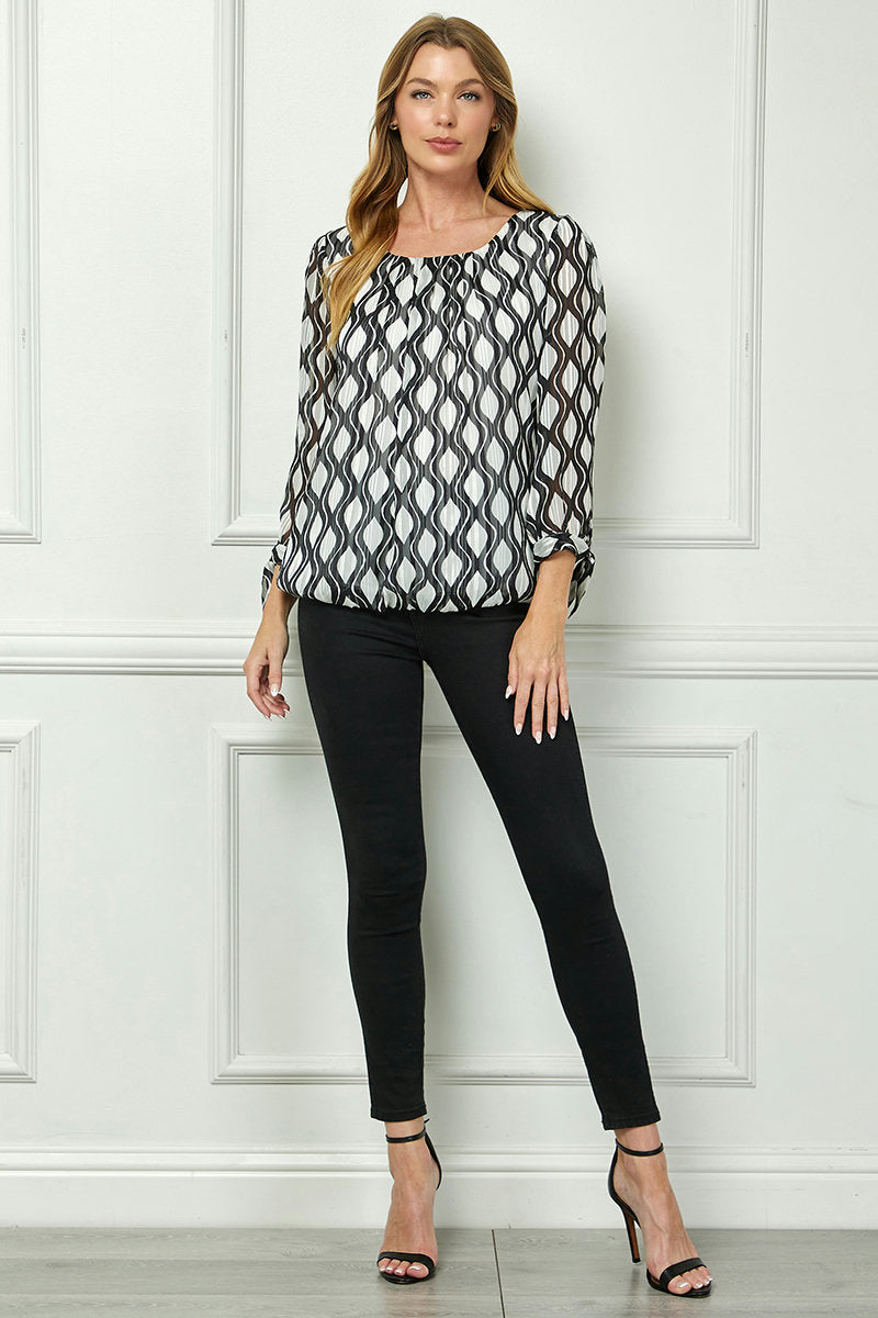 Dressbarn Trending | Bubble Hem 3/4 Tie Sleeve Blouse - White