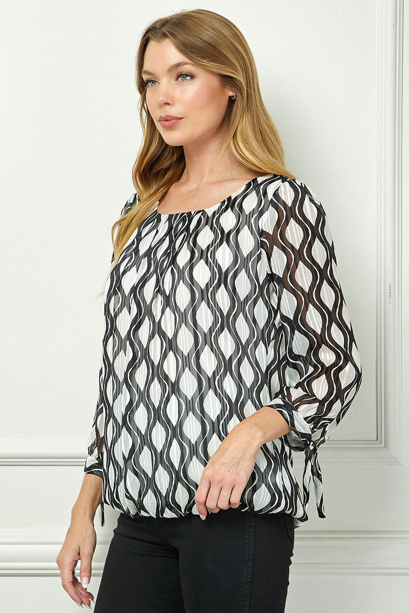 Dressbarn Trending | Bubble Hem 3/4 Tie Sleeve Blouse - White