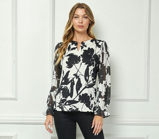 Dressbarn Recommended | Long Ruffle Sleeve Cutout Trim Front Neck Mix Media Blouse