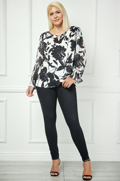 Dressbarn Premium | Long Ruffle Sleeve Cutout Trim Front Neck Mix Media Blouse - Plus