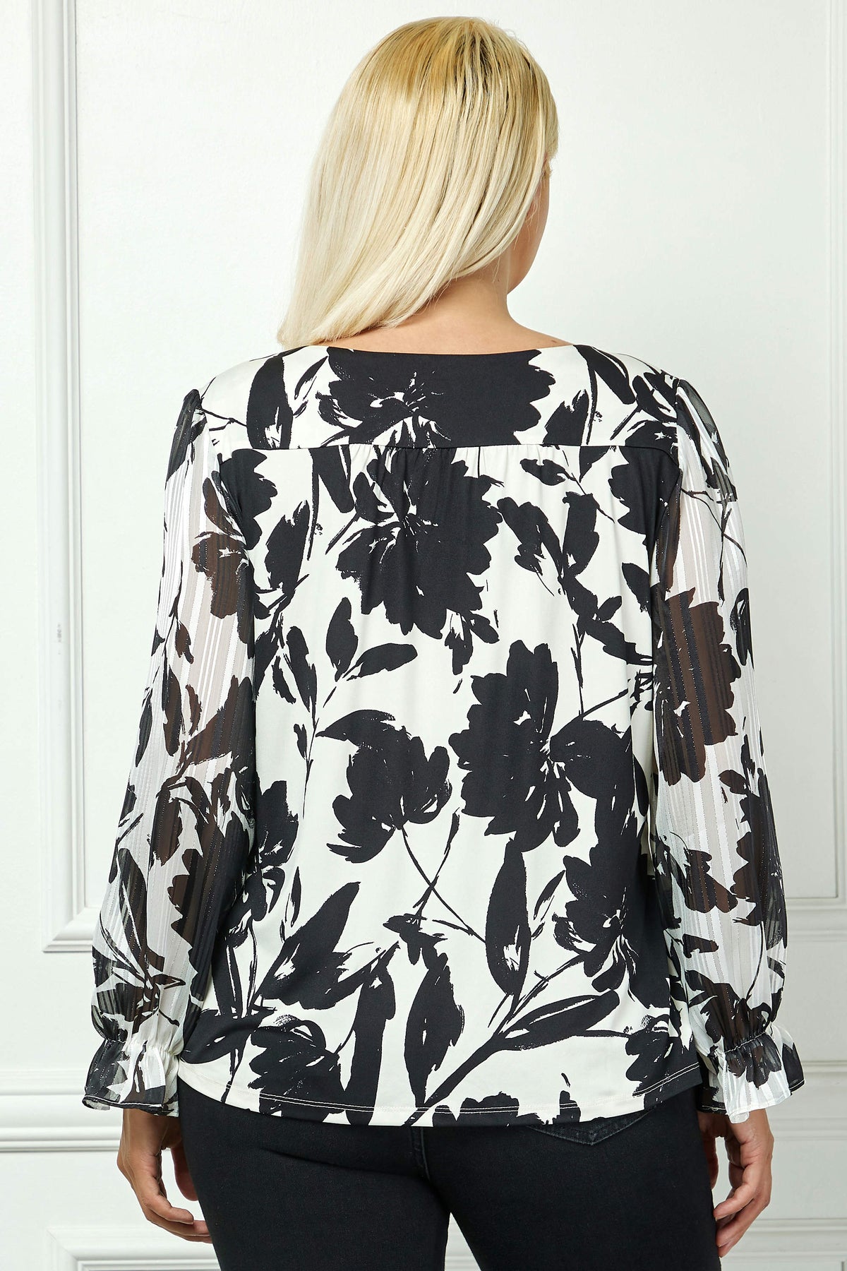 Dressbarn Premium | Long Ruffle Sleeve Cutout Trim Front Neck Mix Media Blouse - Plus