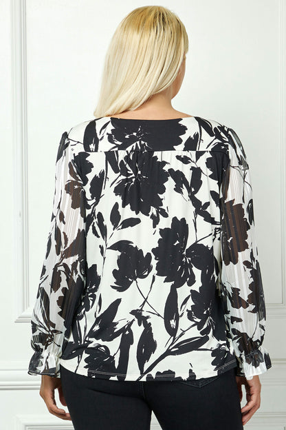Dressbarn Premium | Long Ruffle Sleeve Cutout Trim Front Neck Mix Media Blouse - Plus