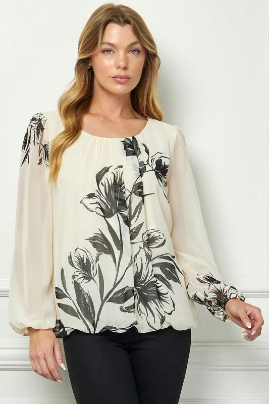 Dressbarn New | Long Sleeve Placement Print Bubble Blouse