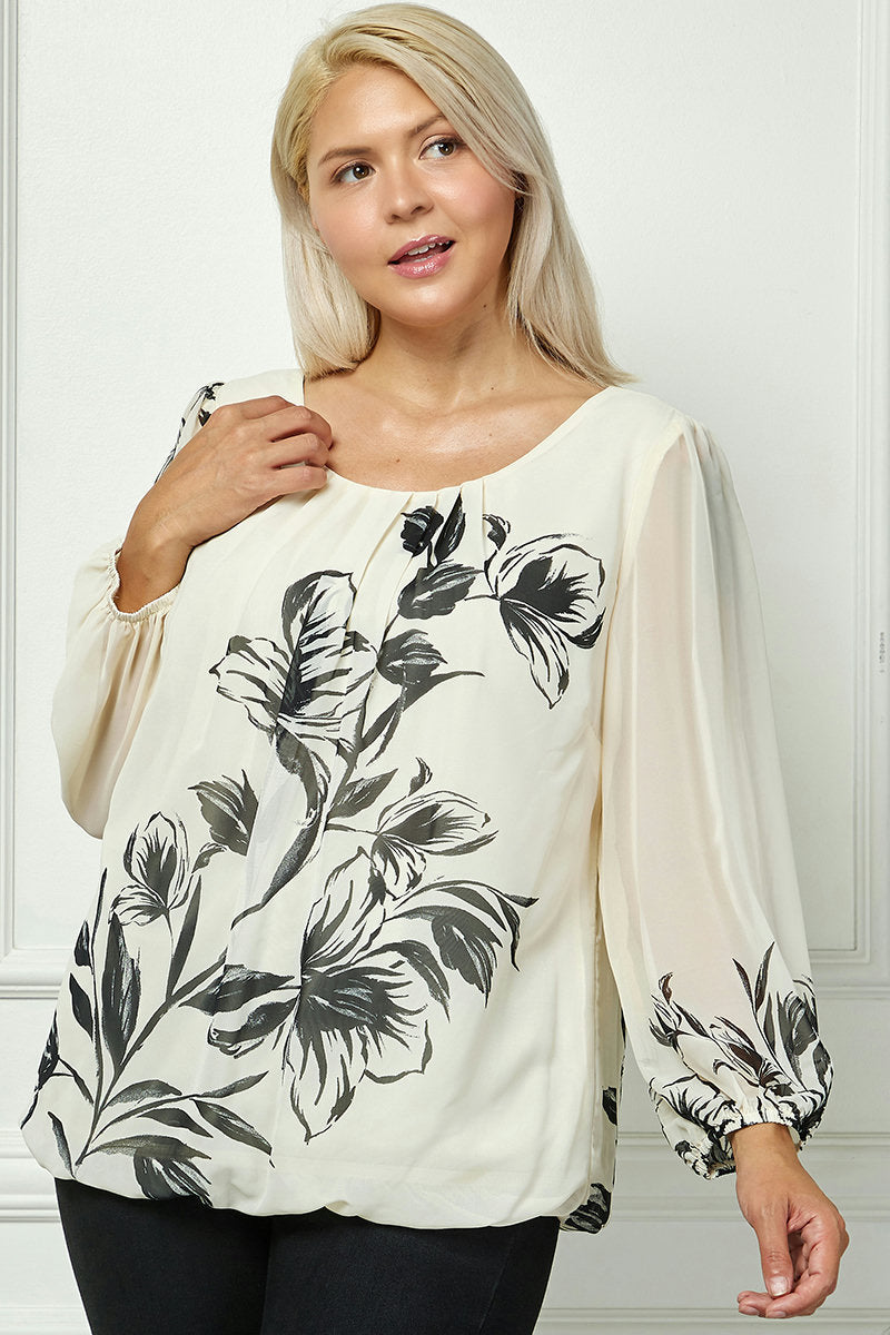 Dressbarn Featured | Long Sleeve Placement Print Bubble Blouse - Plus