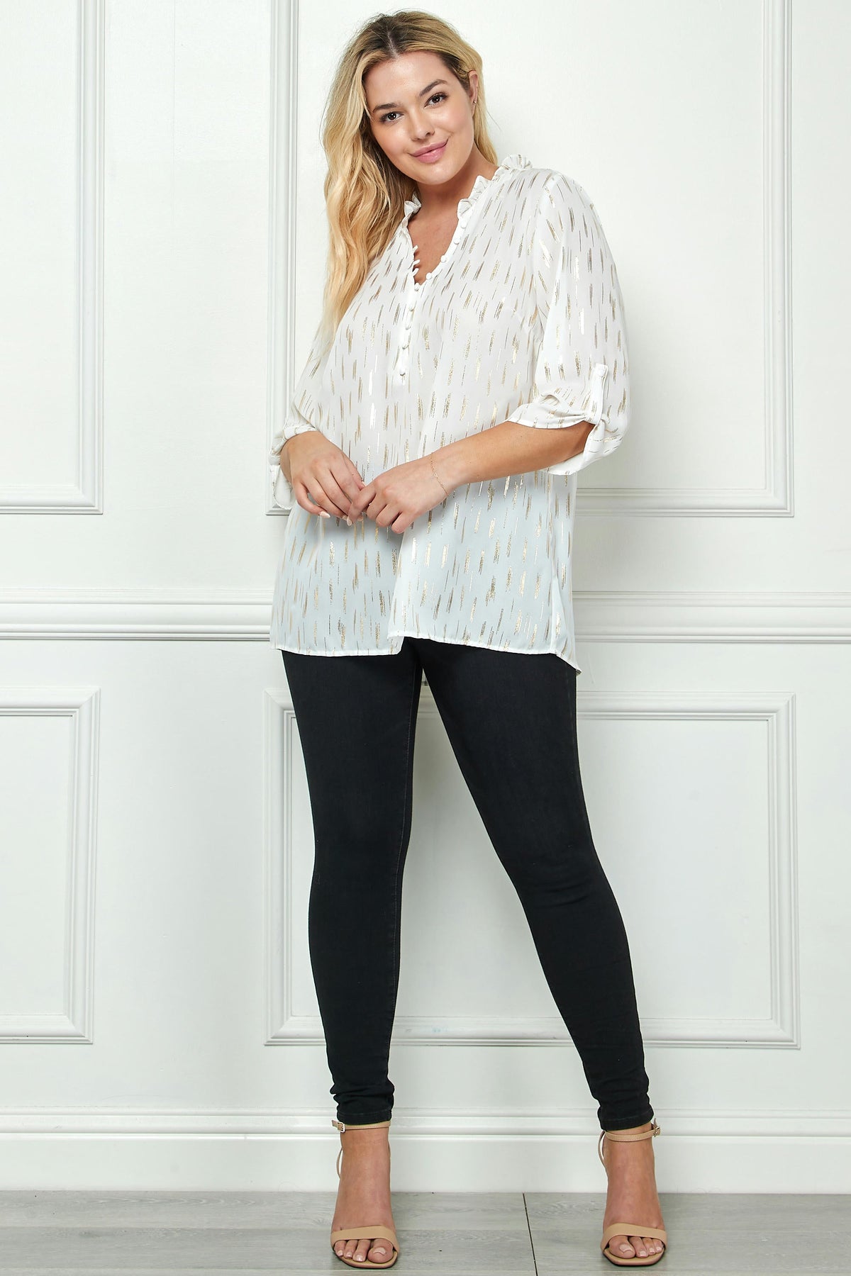 Dressbarn Popular | 3/4 Button Tab Sleeve Covered Button + Loop on V-Neck Popover Rain Foil Print Blouse in Ivory - Plus