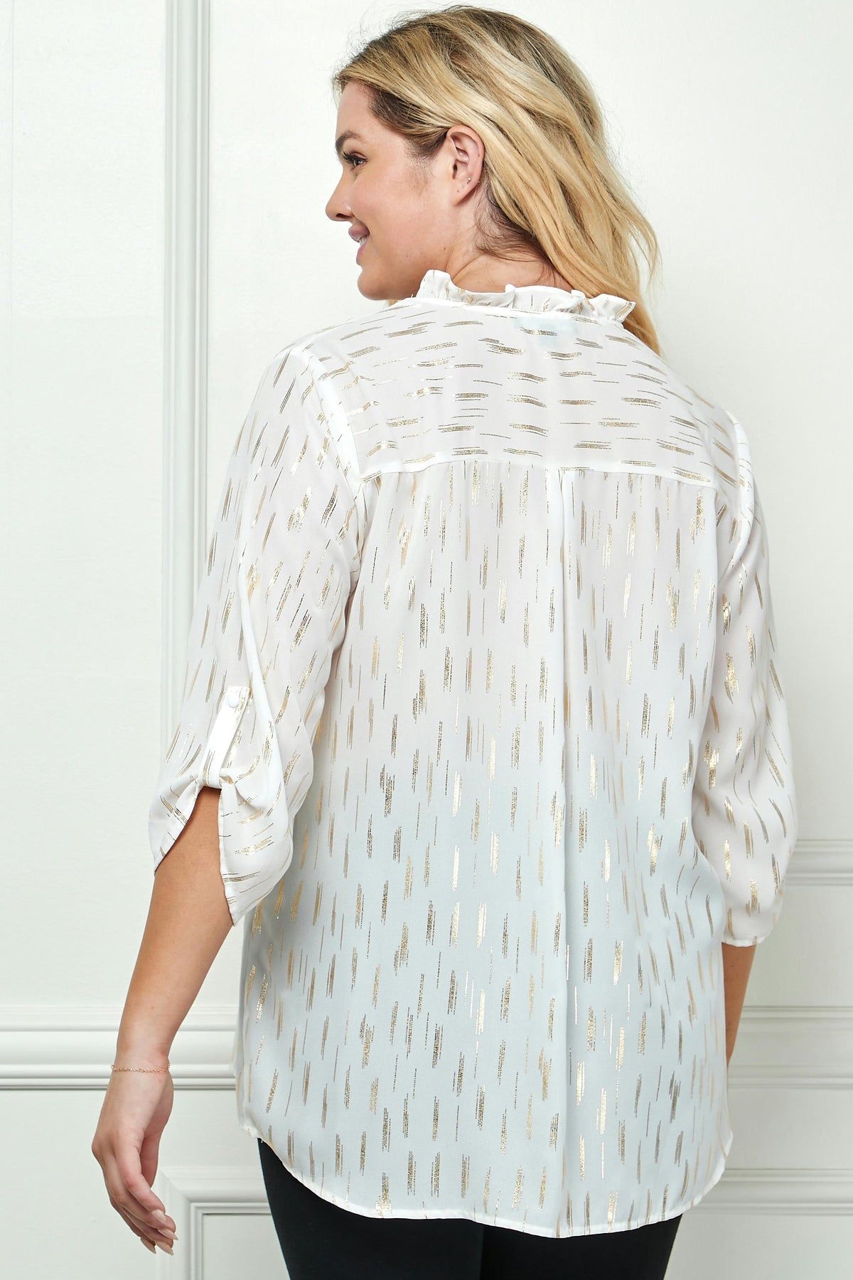 Dressbarn Popular | 3/4 Button Tab Sleeve Covered Button + Loop on V-Neck Popover Rain Foil Print Blouse in Ivory - Plus