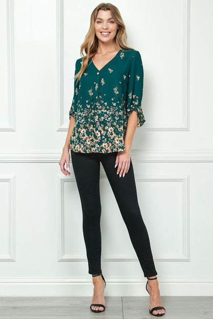Dressbarn Trending | 3/4 Button Tab Sleeve Big Button V-Neck Border Print Popover Blouse in Hunter Green