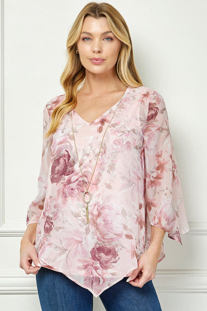 Dressbarn Premium | Hanky Hem Poncho V-Neck Blouse with Necklace - Pink