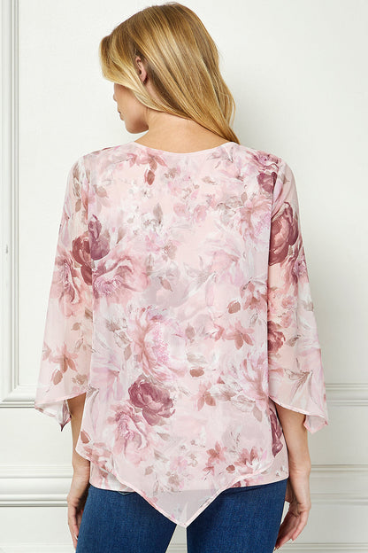 Dressbarn Premium | Hanky Hem Poncho V-Neck Blouse with Necklace - Pink