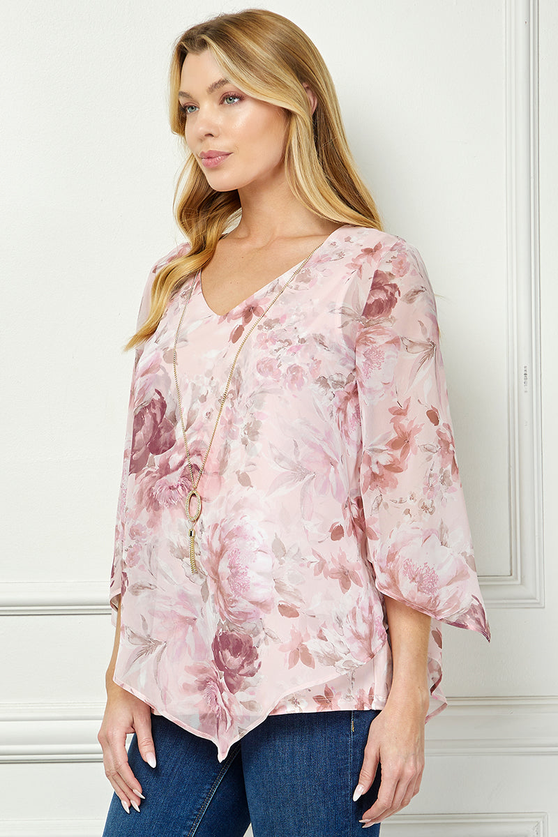 Dressbarn Premium | Hanky Hem Poncho V-Neck Blouse with Necklace - Pink