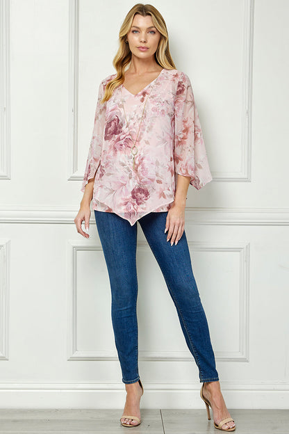 Dressbarn Premium | Hanky Hem Poncho V-Neck Blouse with Necklace - Pink