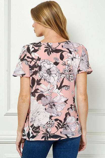 Dressbarn Trending | Flutter Sleeve Cutout Neck Pleat Blouse - Pink