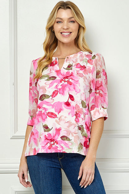 Dressbarn Best Seller | Elbow Sleeve Cutout Neck Mix Media Blouse - Pink