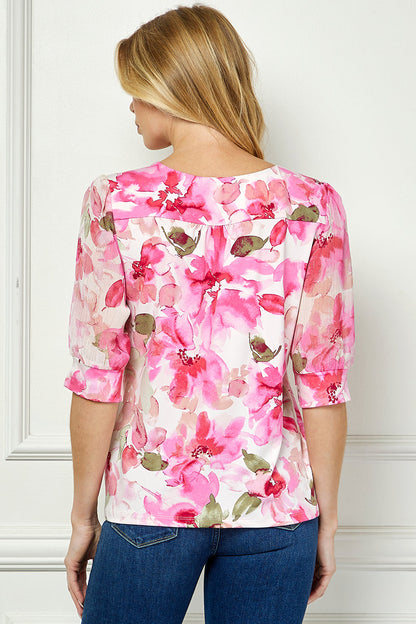 Dressbarn Best Seller | Elbow Sleeve Cutout Neck Mix Media Blouse - Pink