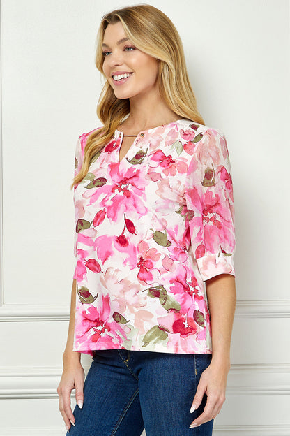 Dressbarn Best Seller | Elbow Sleeve Cutout Neck Mix Media Blouse - Pink