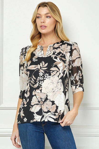 Dressbarn Recommended | Elbow Sleeve Cutout Neck Mix Media Blouse - Black