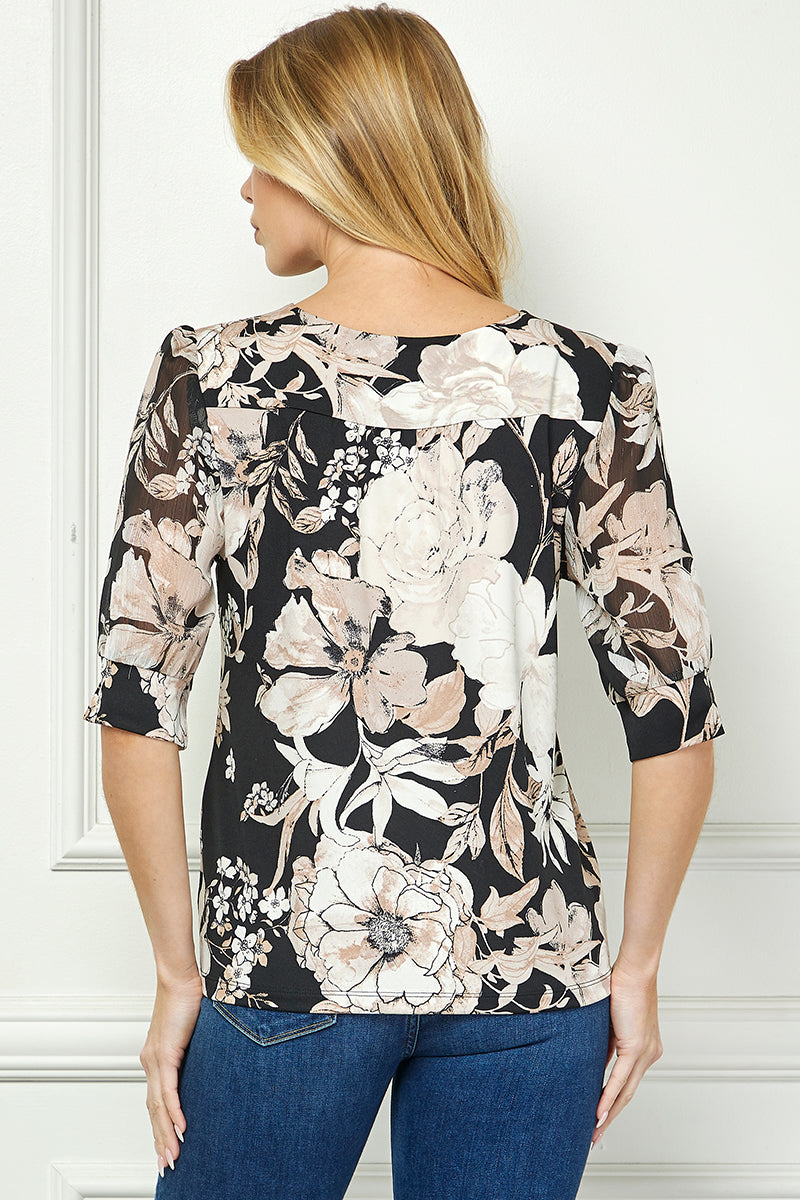 Dressbarn Recommended | Elbow Sleeve Cutout Neck Mix Media Blouse - Black